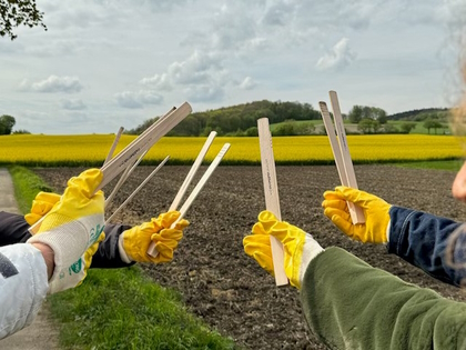 Hände in Handschuhen halten Müllzangen