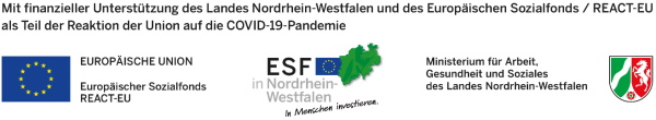 Logos Europäische Union REACT-EU, ESF in Nordrhein-Westfalen, Ministerium für Arbeit, Gesundheit und Soziales des Landes Nordrhein-Westfalen