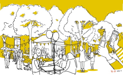 Weiß gelbe Comicgrafik mit Menschen, die unter Bäumen ein Fest feiern