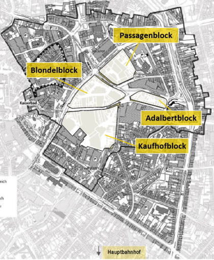 Eine Karte der Baublöcke Passagenblock, Blondelblock, Adalbertblock und Kaufhofblock